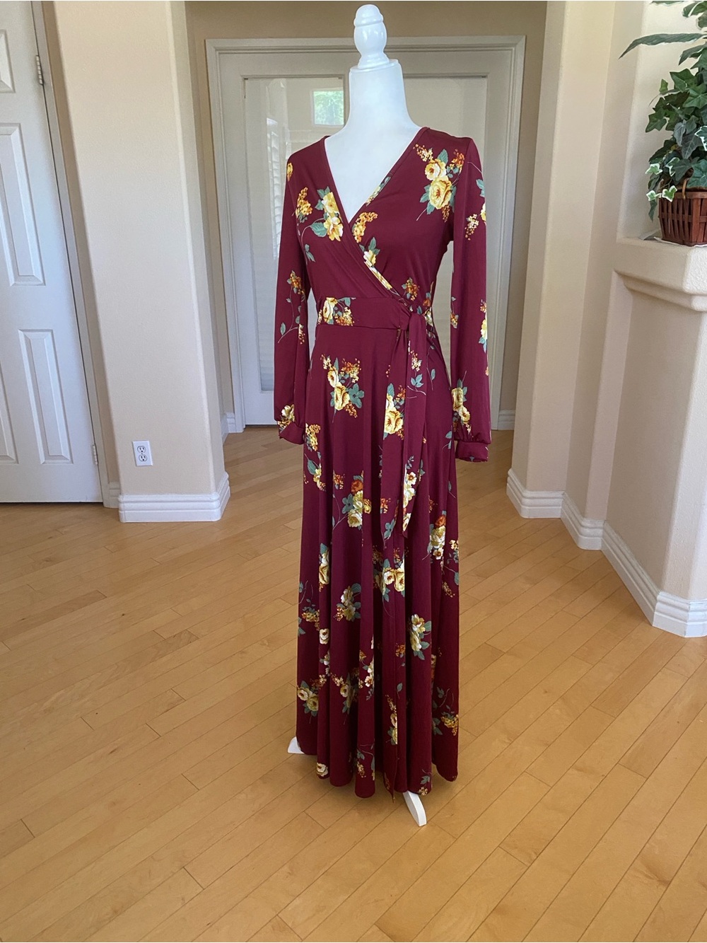 Burgandy Maxi Stretch Boho Wrap Dress with Bishop Sleeves and V-Neck